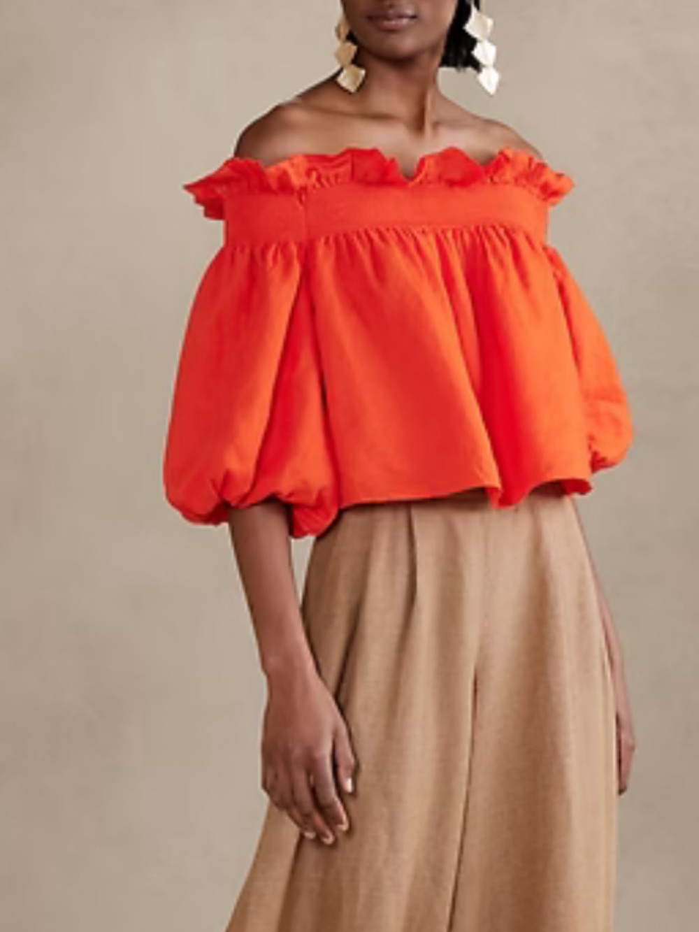 Banana Republic Orange Off-the-Shoulder Ruffle Puff-Sleeve Blouse